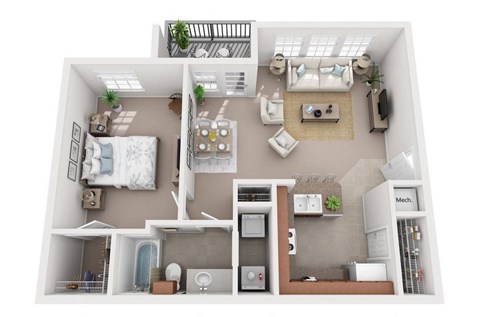Floor plan for 1 bed, 1 bath, 789 sqft